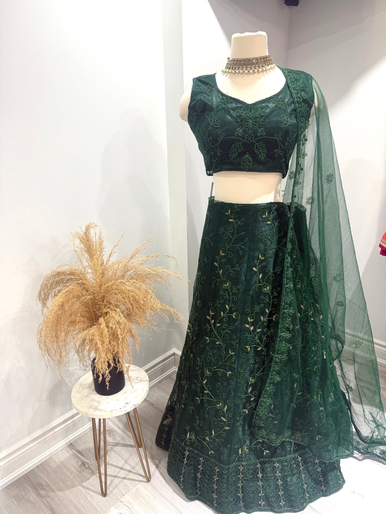 Green Thread Embroidered Net Lehenga Set - DWEEP SARA