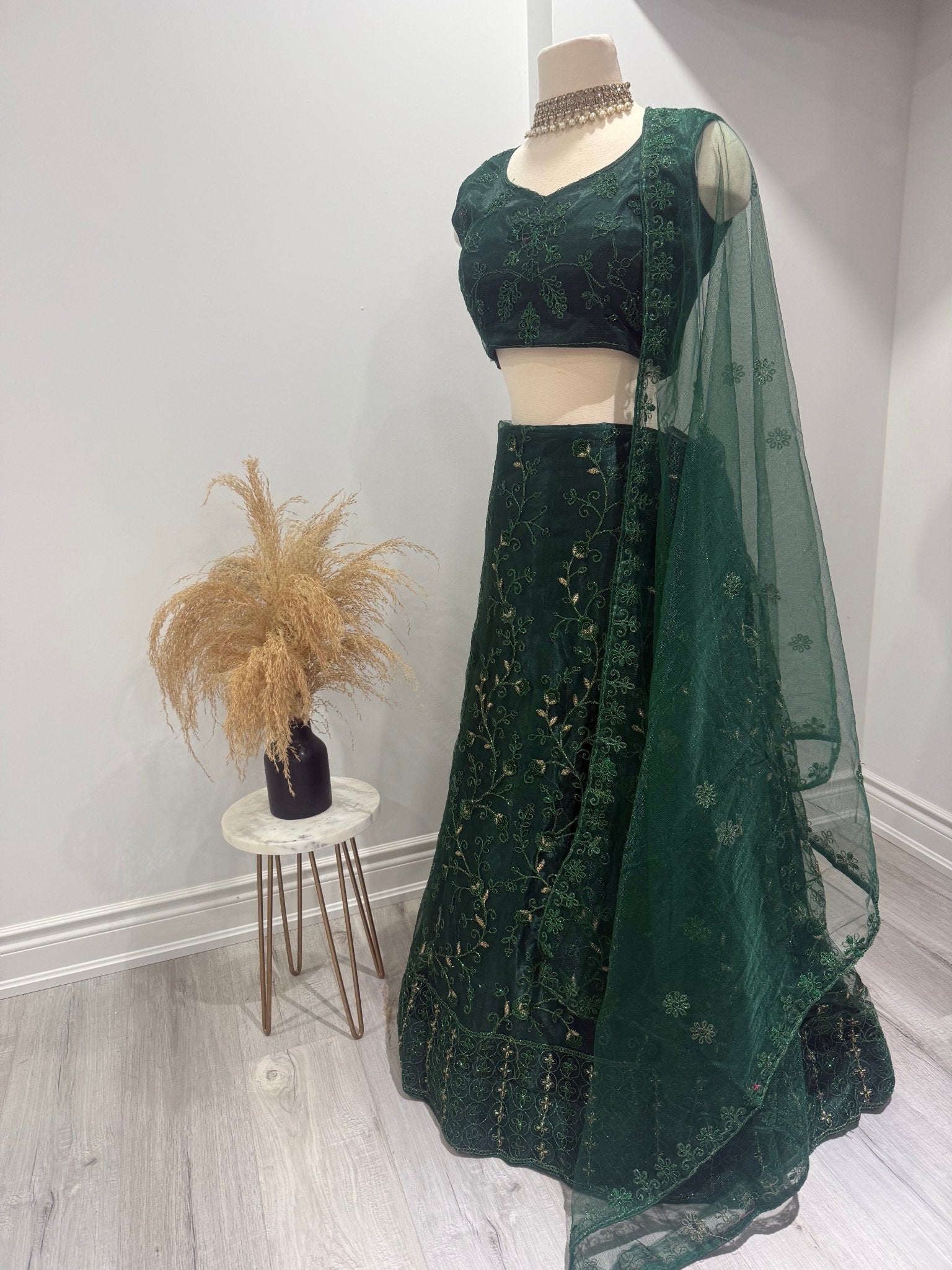 Green Thread Embroidered Net Lehenga Set - DWEEP SARA
