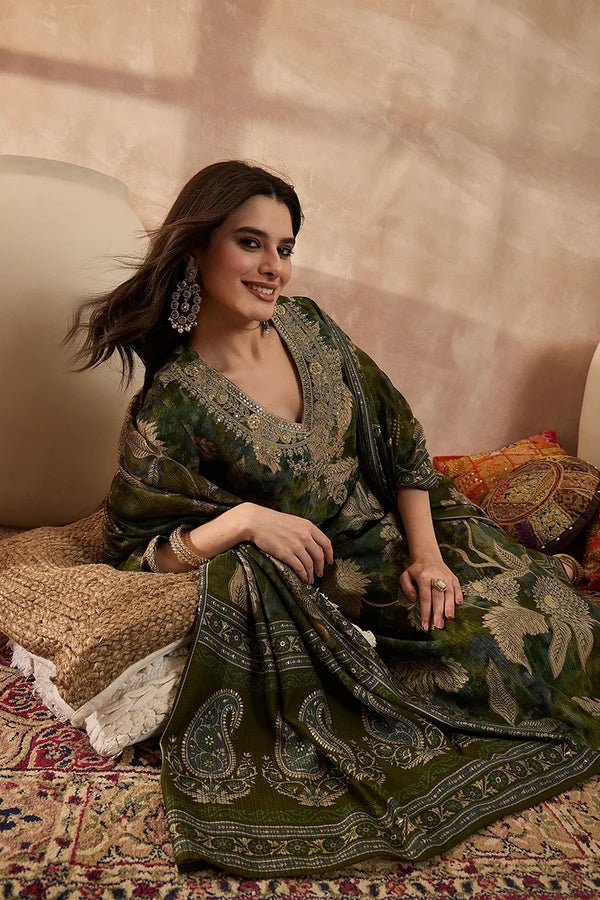 Greens Silk Blend Floral Printed Straight Kurta Trousers With Dupatta - DWEEP SARA