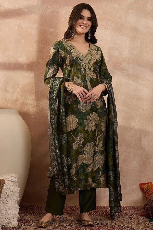 Greens Silk Blend Floral Printed Straight Kurta Trousers With Dupatta - DWEEP SARA