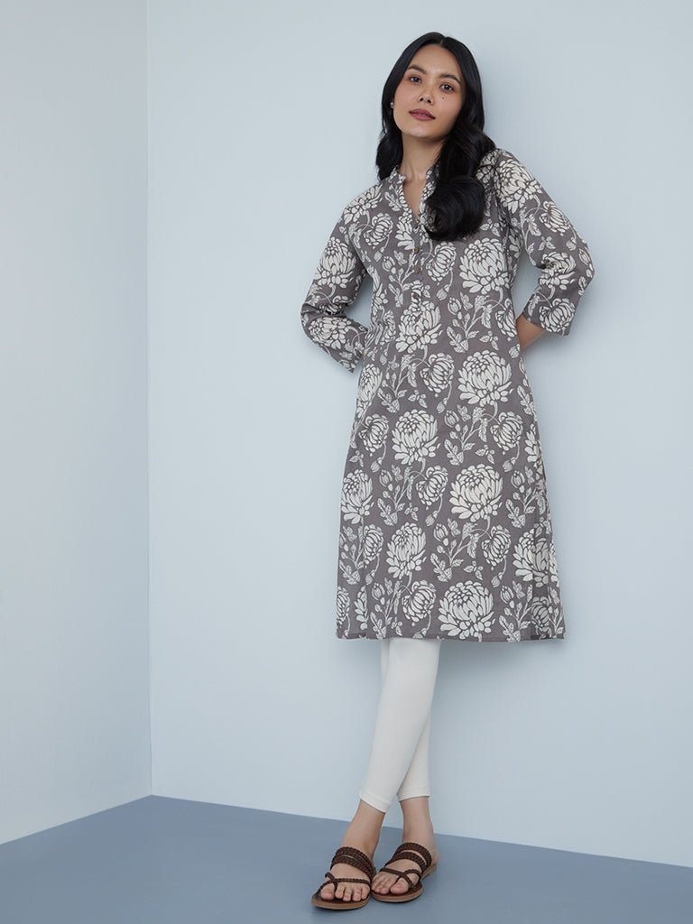Grey Floral Designed Kurta - DWEEP SARA