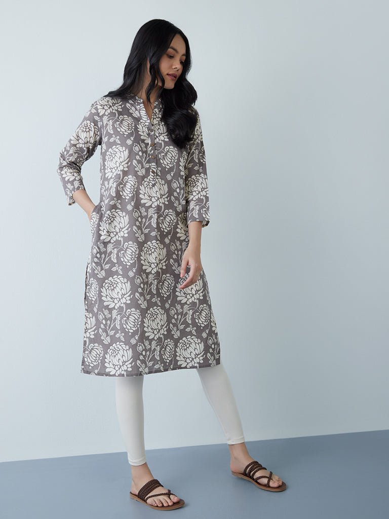 Grey Floral Designed Kurta - DWEEP SARA