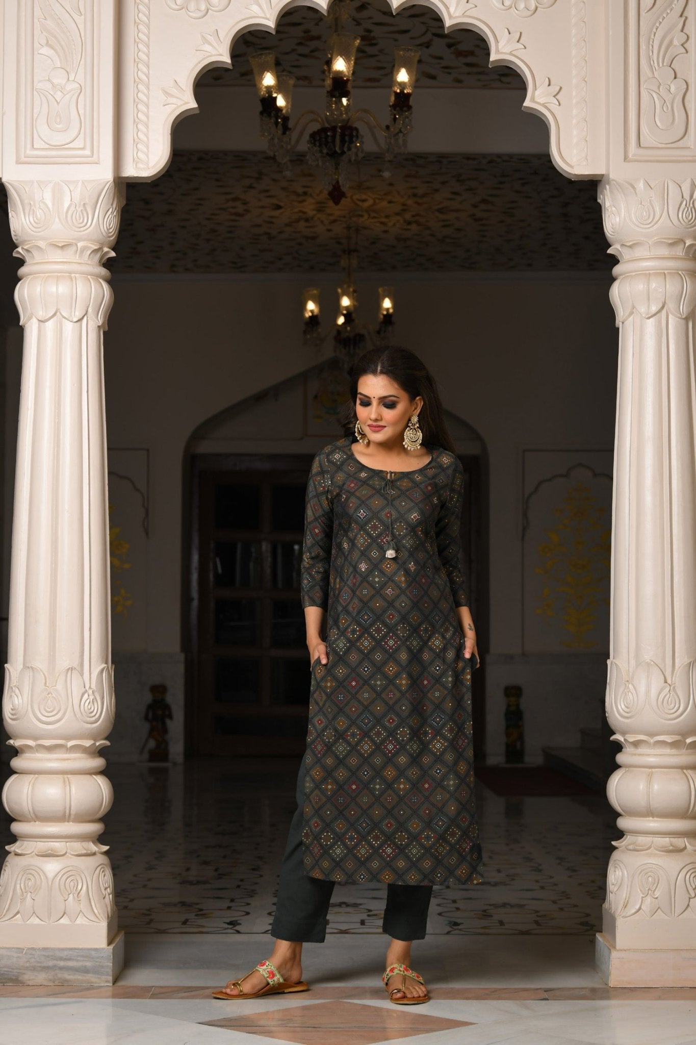 GREY PRINTED MODAL SILK SUIT SET - DWEEP SARA