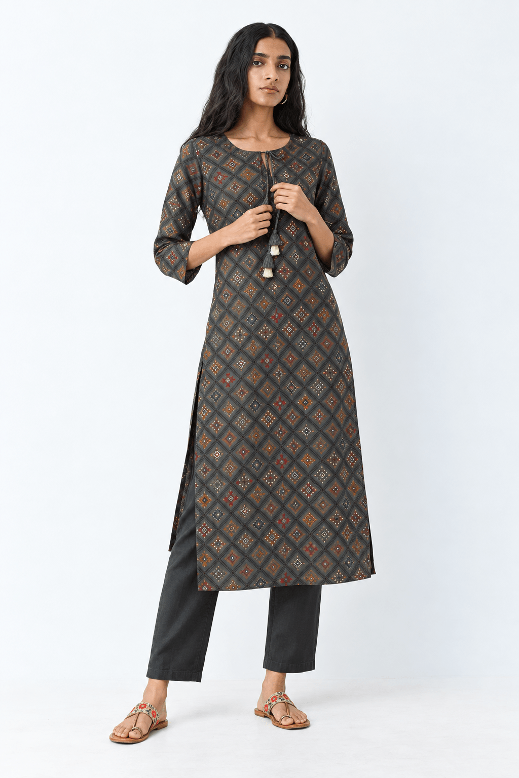 GREY PRINTED MODAL SILK SUIT SET - DWEEP SARA