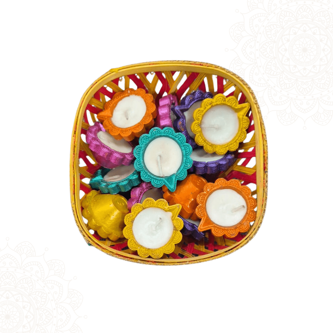 Handcrafted Decorative Diya Set Diwali Gift – 15 Colorful Wax - Filled Clay Diyas in Gift Basket – Perfect for Return Diwali Gift , Festive Decor & Gifting - DWEEP SARA
