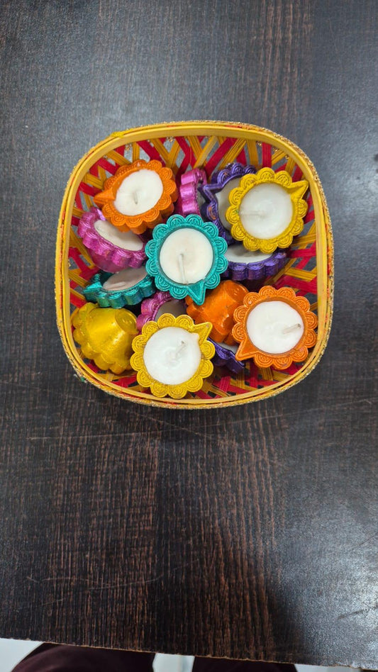 Handcrafted Decorative Diya Set Diwali Gift – 15 Colorful Wax - Filled Clay Diyas in Gift Basket – Perfect for Return Diwali Gift , Festive Decor & Gifting - DWEEP SARA