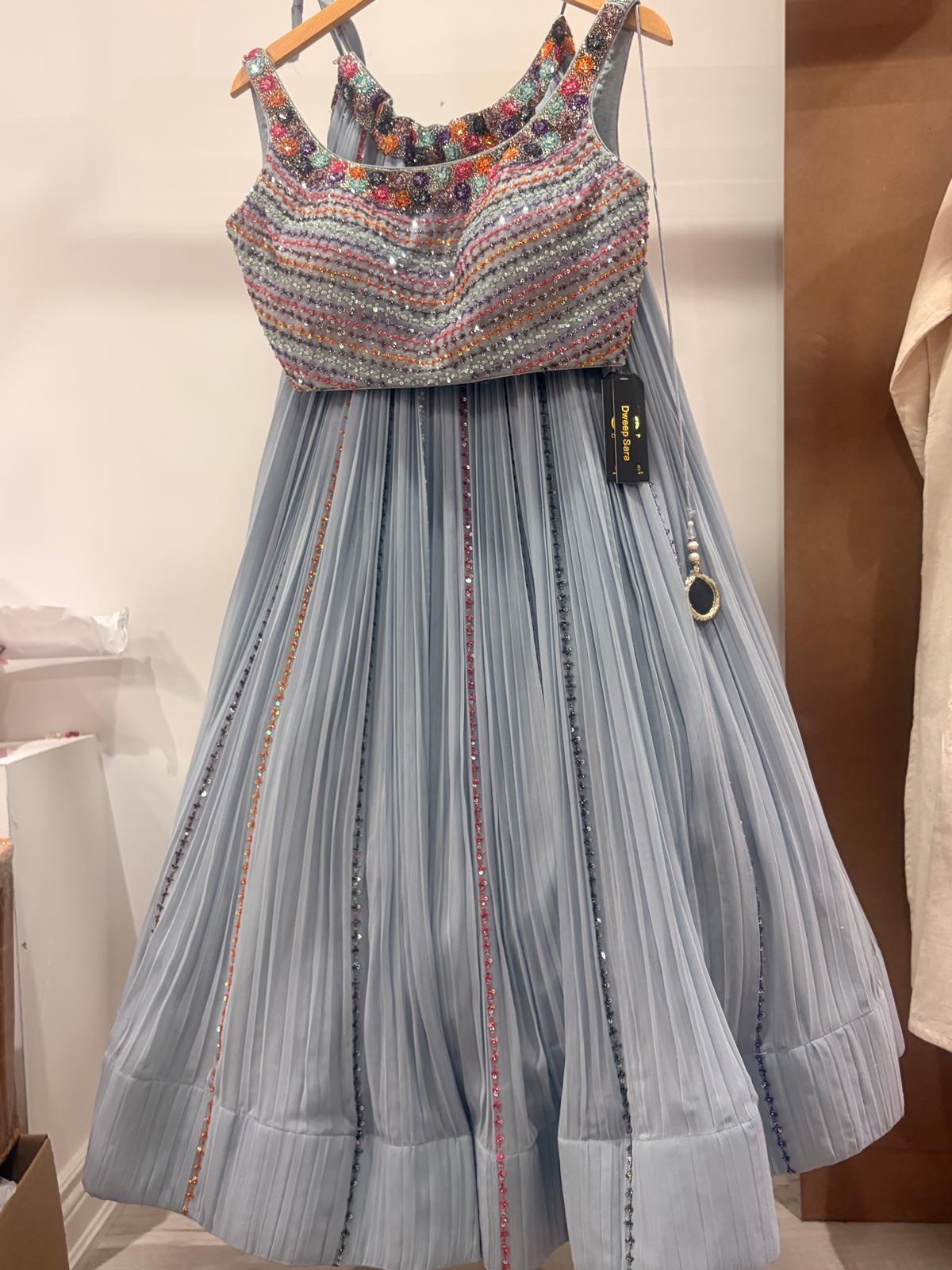 Icy Blue / Powder Blue Fabric Premium Pleated Georgette Work Multi - color Sequins, Beads, and Stone Work Lehenga - DWEEP SARA