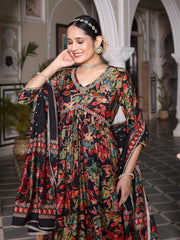 Black & Hot Pink Modal Muslin Silk Digital Print Suit Set