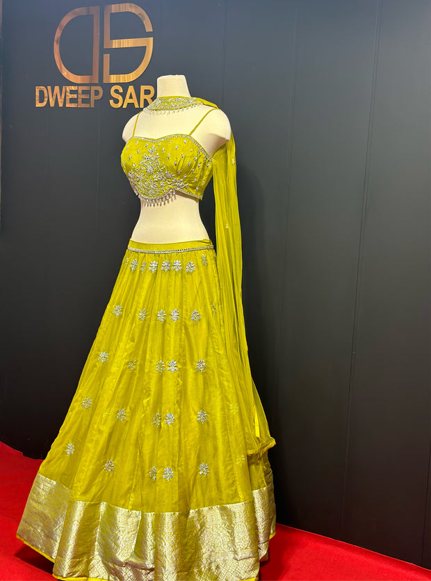 Mehndi Green Mirror Beads Handwork Lehenga