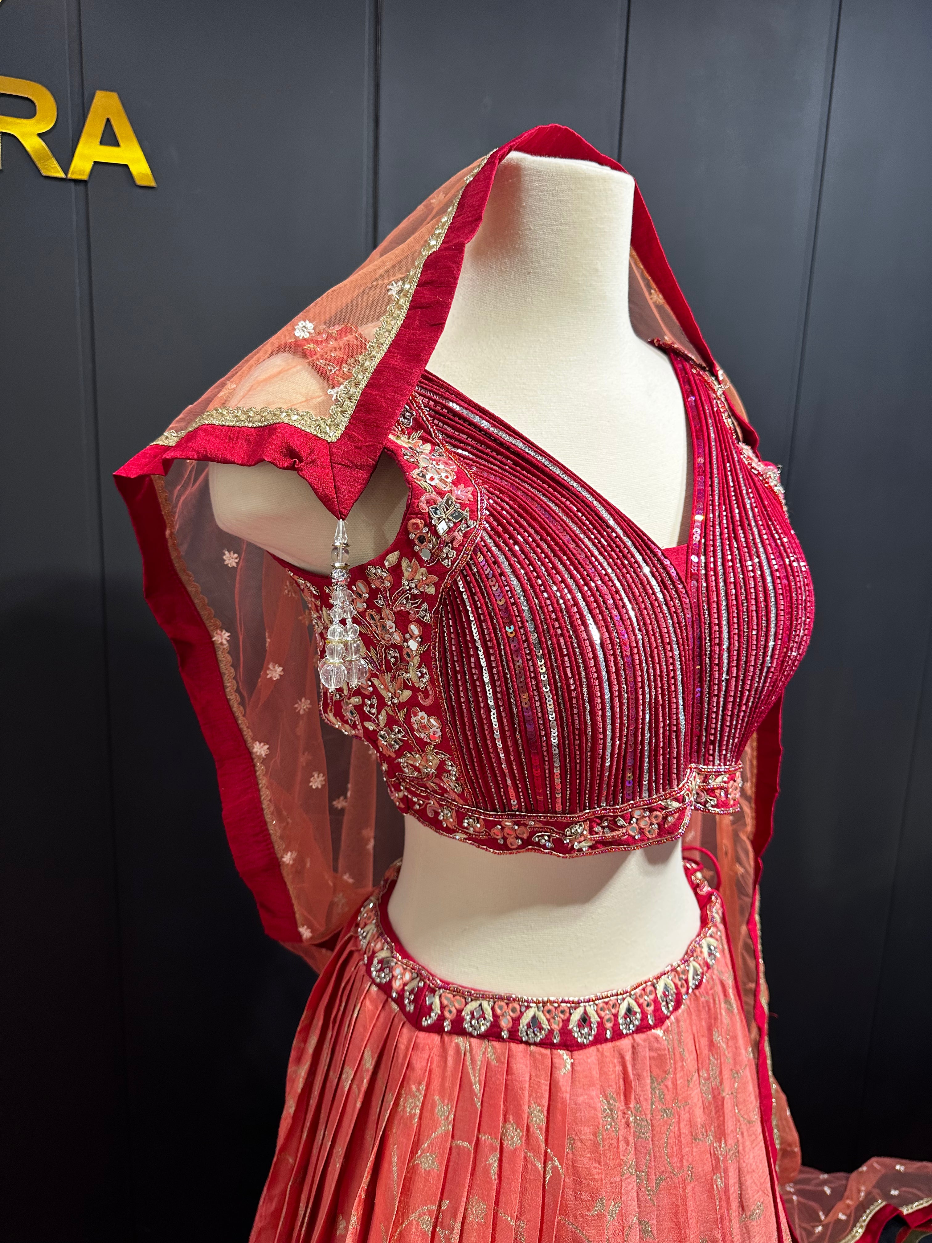 Maroon Orange Double Shaded Handwork Rawsilk Lehenga