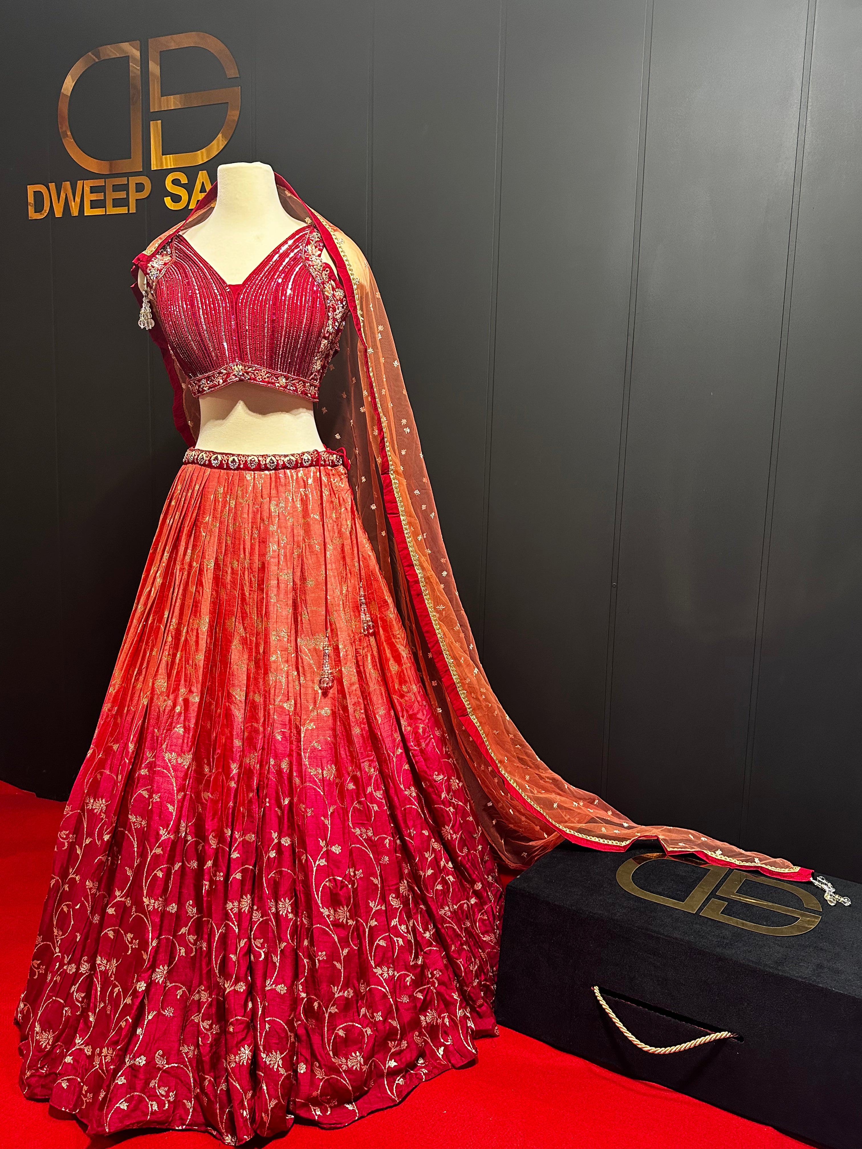 Maroon Orange Double Shaded Handwork Rawsilk Lehenga