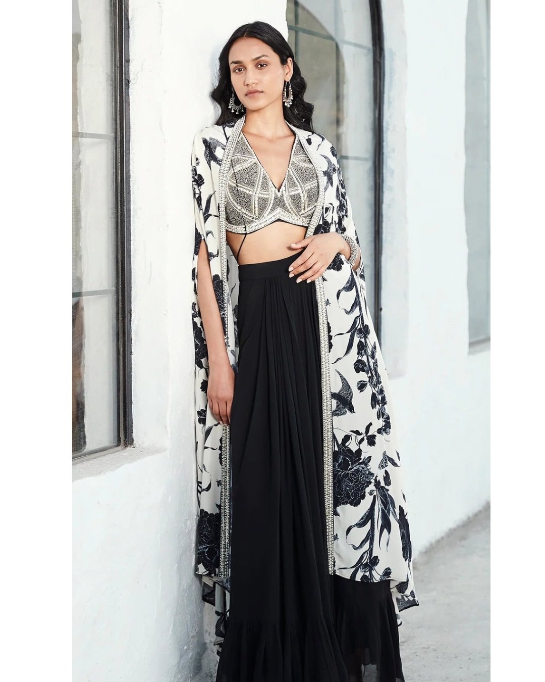 Ivory & Black Printed Embroidered Skirt Set With Cape - DWEEP SARA