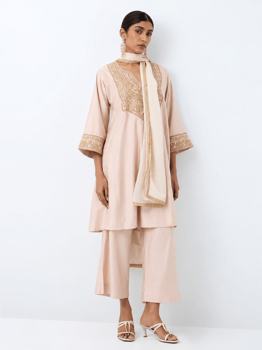 Ivory Blush Gold Embroidered Kurta Palazzo Set with Dupatta - DWEEP SARA