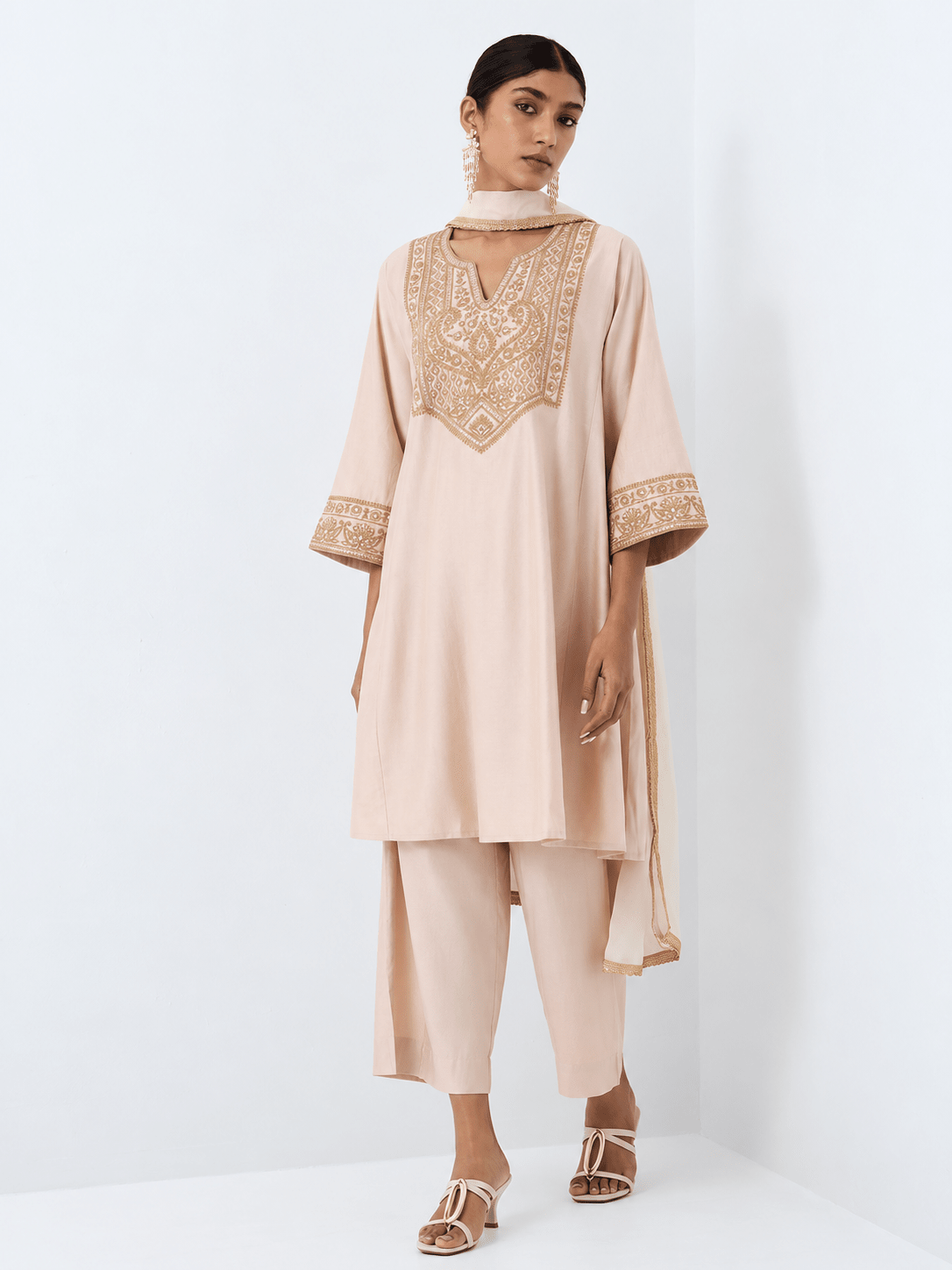 Ivory Blush Gold Embroidered Kurta Palazzo Set with Dupatta - DWEEP SARA