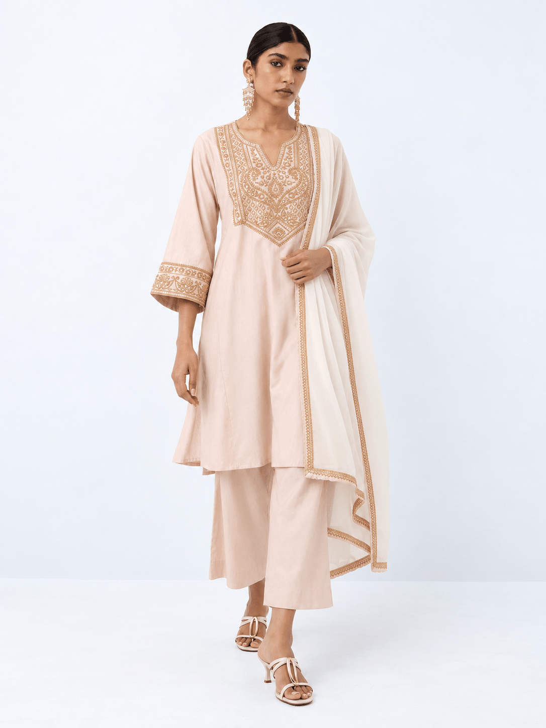 Ivory Blush Gold Embroidered Kurta Palazzo Set with Dupatta - DWEEP SARA