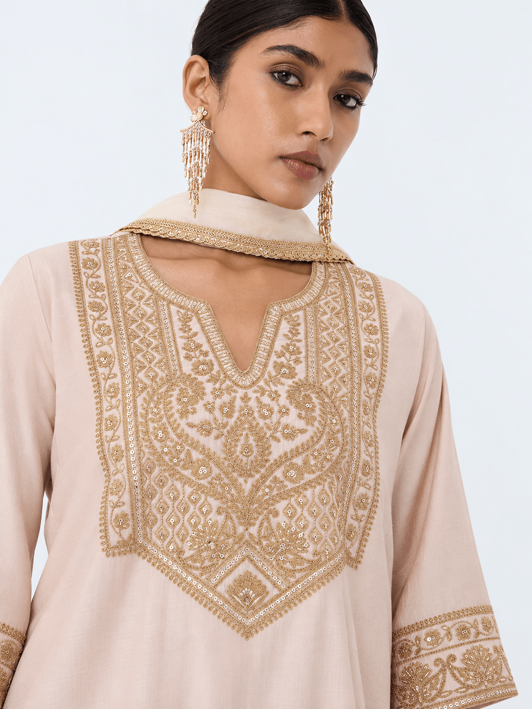 Ivory Blush Gold Embroidered Kurta Palazzo Set with Dupatta - DWEEP SARA