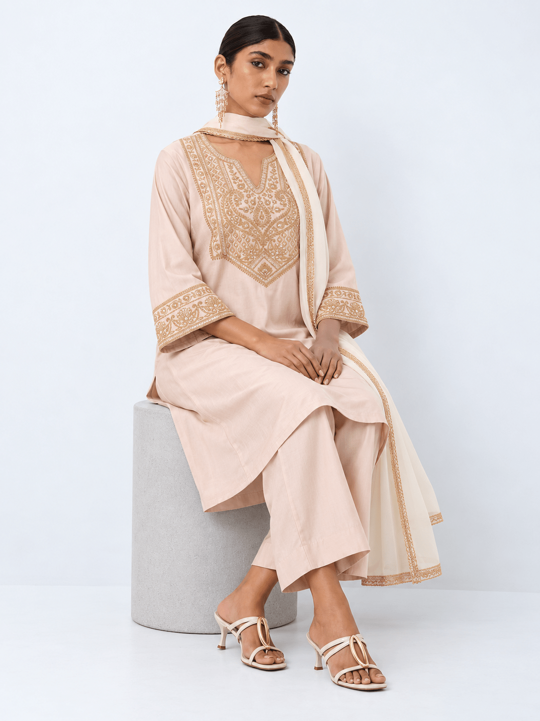 Ivory Blush Gold Embroidered Kurta Palazzo Set with Dupatta - DWEEP SARA