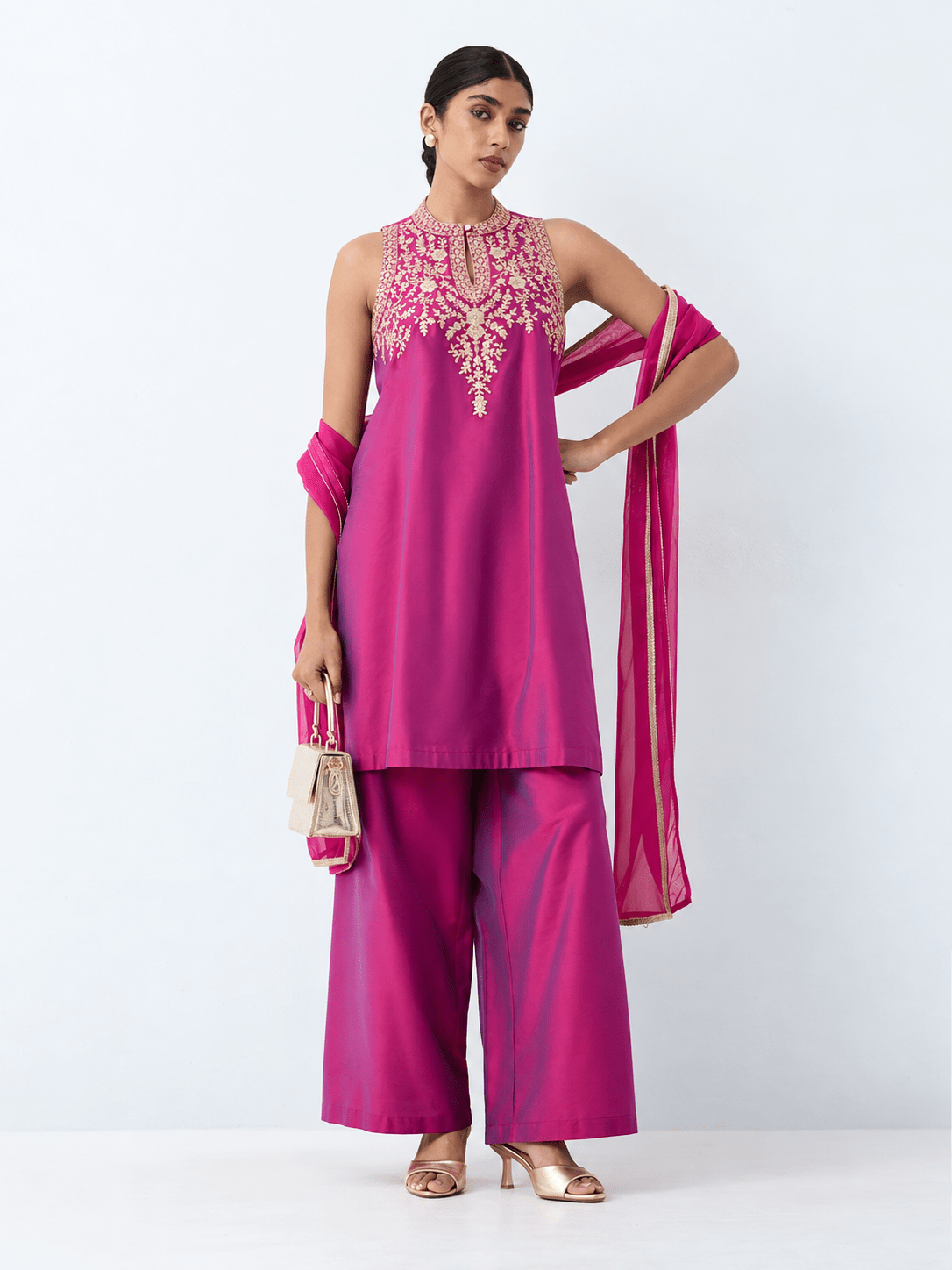 Magenta Embroidered Kurta Palazzo Dupatta Set - DWEEP SARA