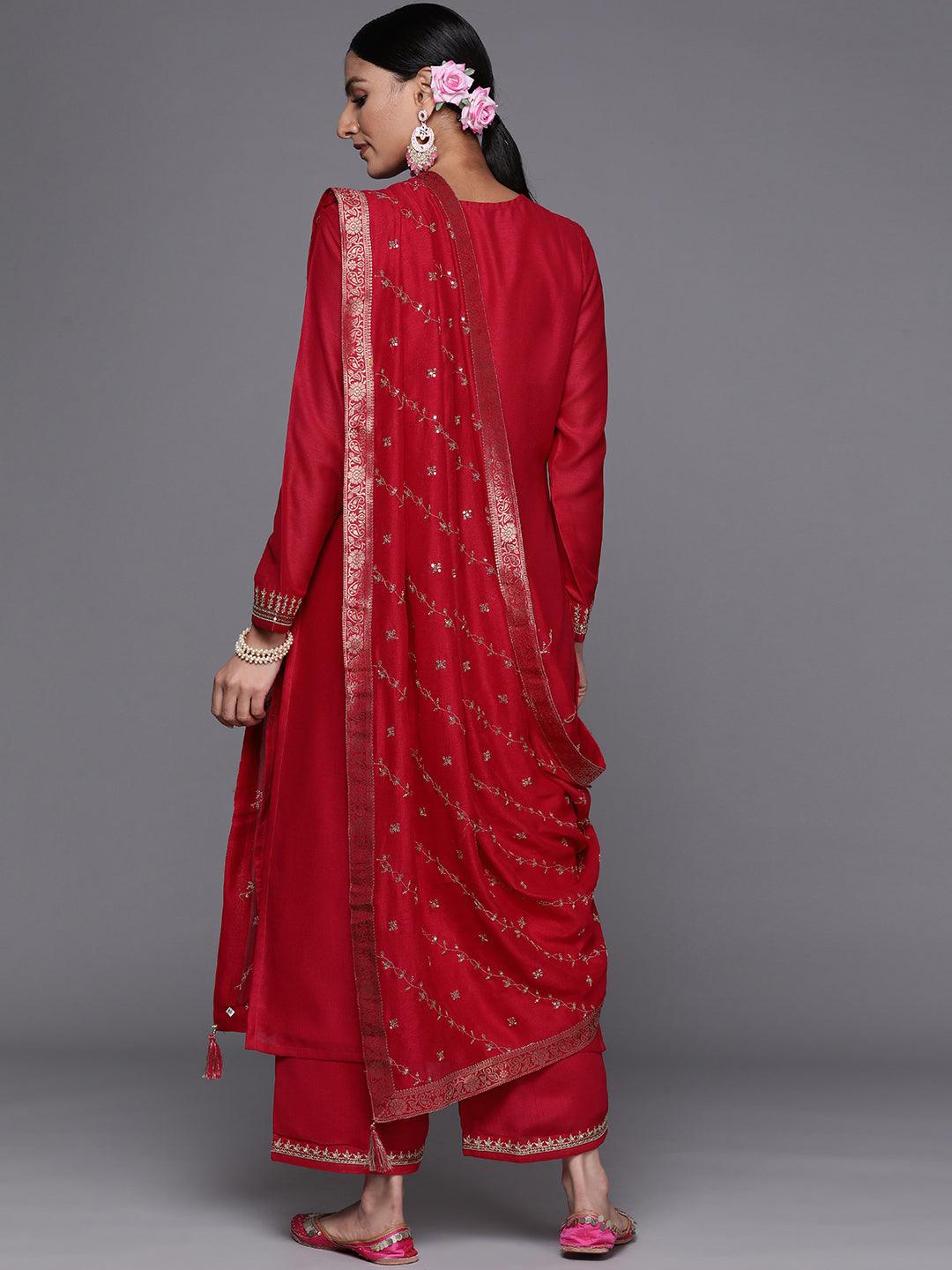 Magenta Zari Embroidered Silk Blend Suit Set - DWEEP SARA