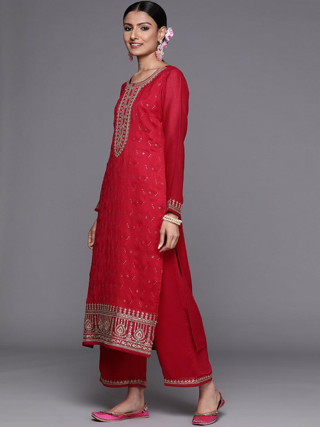 Magenta Zari Embroidered Silk Blend Suit Set - DWEEP SARA