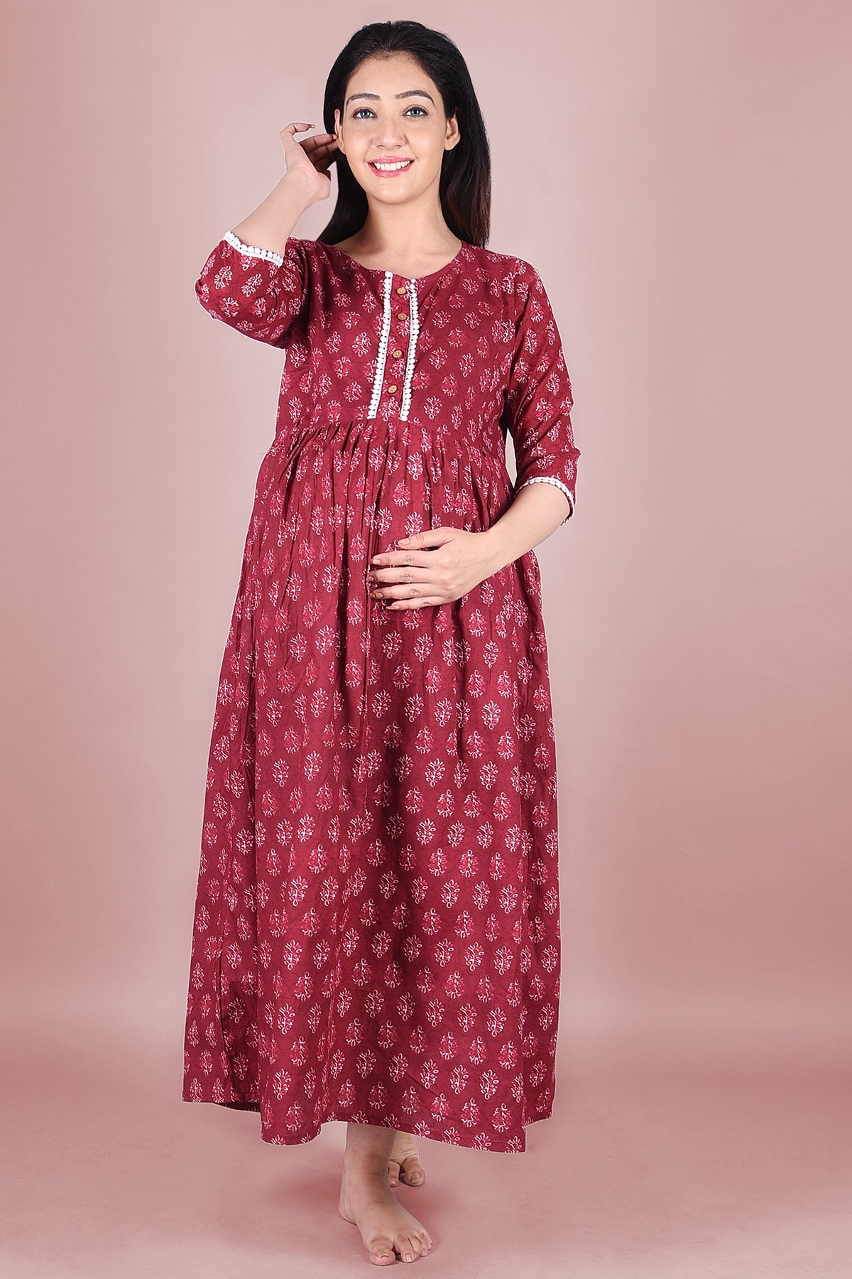 Maroon Block Printed Maternity Dress - DWEEP SARA