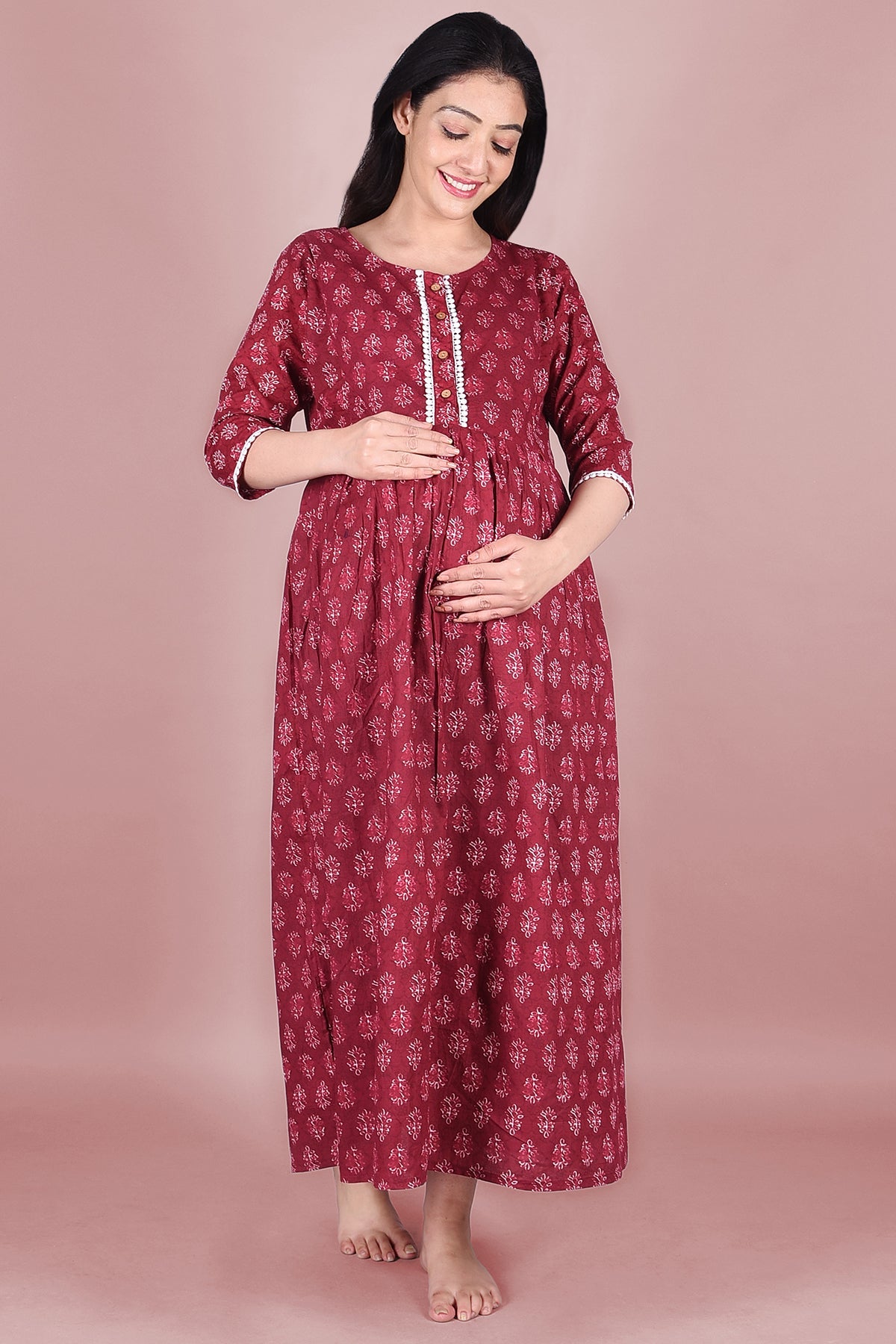 Maroon Block Printed Maternity Dress - DWEEP SARA