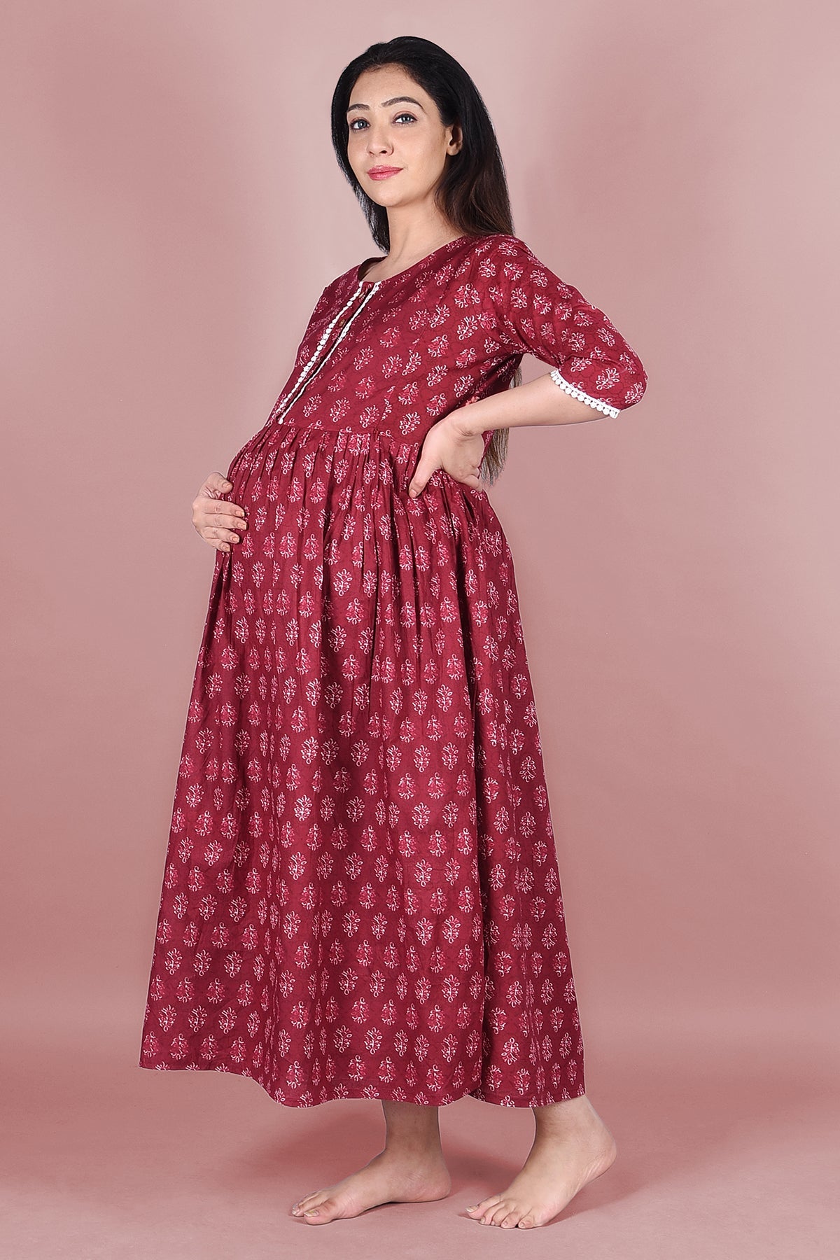 Maroon Block Printed Maternity Dress - DWEEP SARA