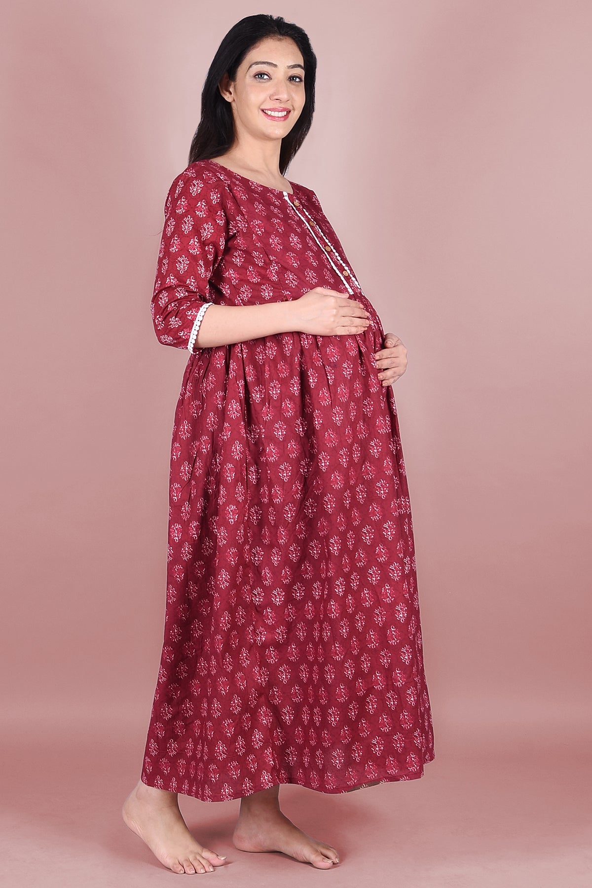 Maroon Block Printed Maternity Dress - DWEEP SARA
