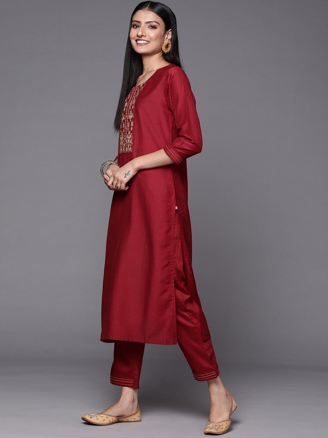 Maroon Embroidered Silk Blend Suit With Floral Dupatta - DWEEP SARA