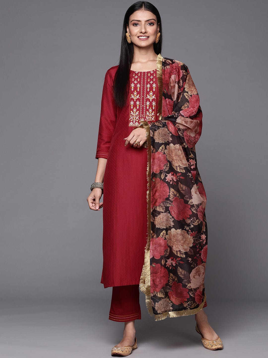 Maroon Embroidered Silk Blend Suit With Floral Dupatta - DWEEP SARA