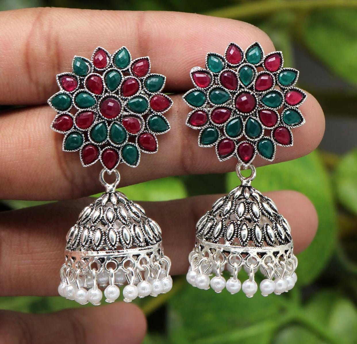 Maroon & Green Color Glass Stone Oxidised Earrings - DWEEP SARA