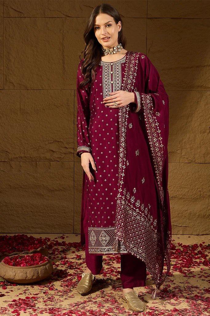 Maroon Silk Blend Embroidered Straight Kurta Trouser With Dupatta - DWEEP SARA