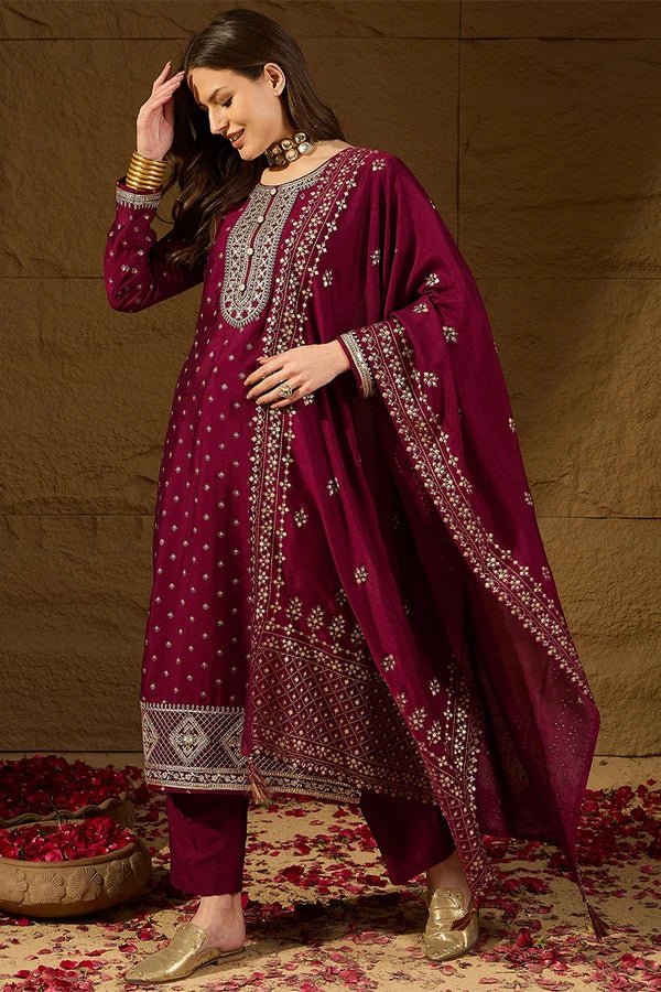 Maroon Silk Blend Embroidered Straight Kurta Trouser With Dupatta - DWEEP SARA