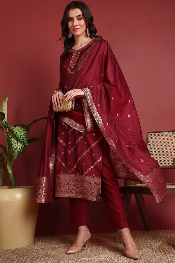 Maroon Silk Blend Ethnic Motifs Woven Design Straight Suit Set - DWEEP SARA