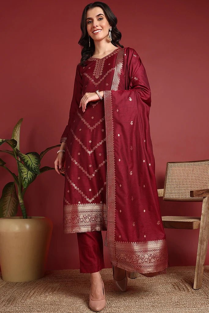 Maroon Silk Blend Ethnic Motifs Woven Design Straight Suit Set - DWEEP SARA