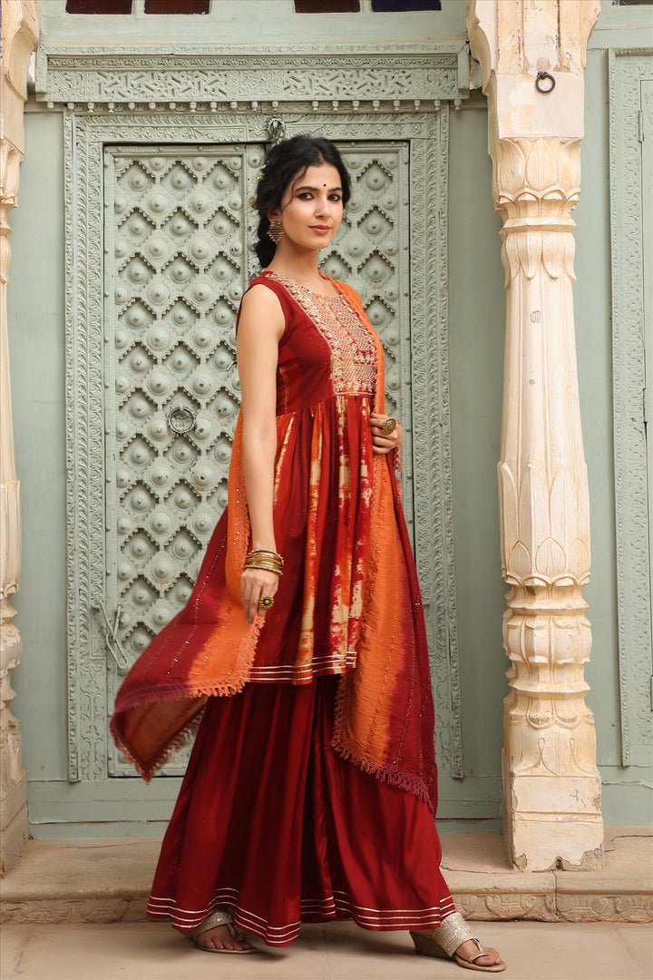 Maroon Tie & Dye Viscose Silk Sharara Suit Set hi - DWEEP SARA