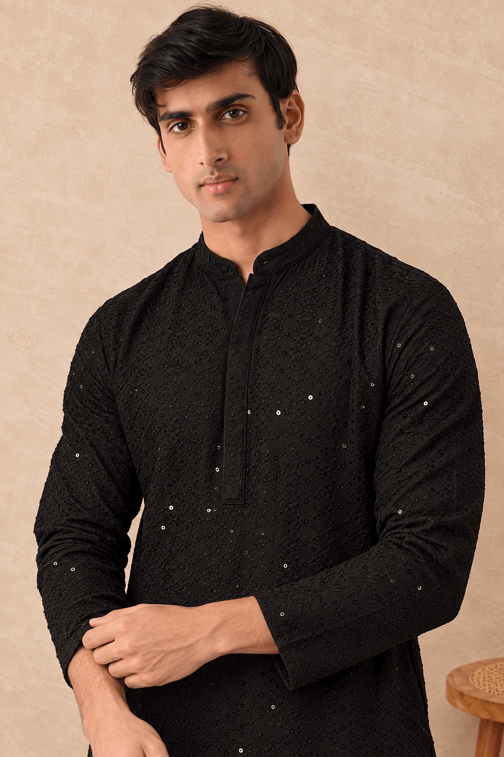 Mens Black Viscose Rayon Solid Embroidered Straight Kurta - DWEEP SARA