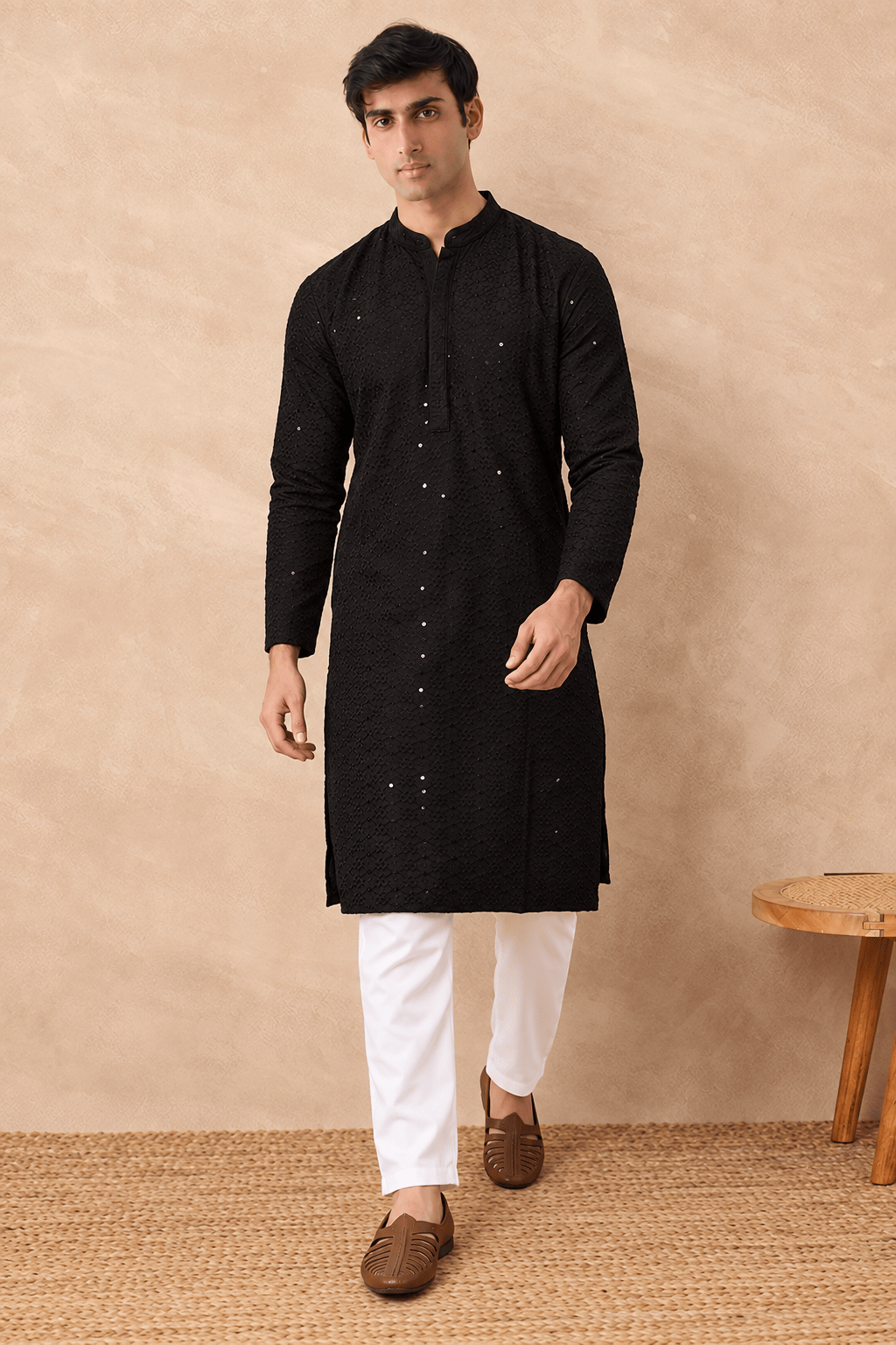 Mens Black Viscose Rayon Solid Embroidered Straight Kurta - DWEEP SARA