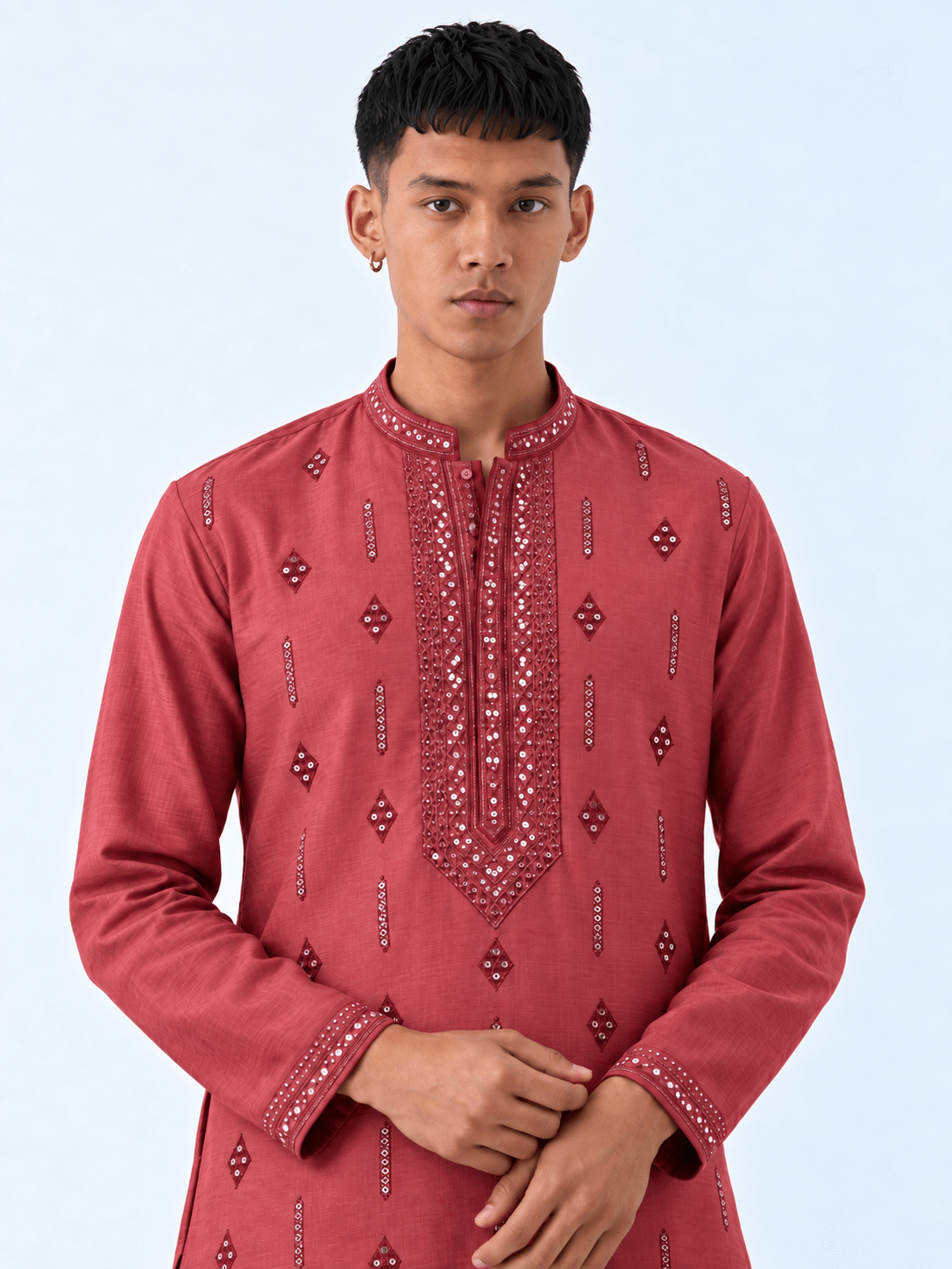 Mens Rose Silk Blend Solid Embroidered Sequins Kurta - DWEEP SARA