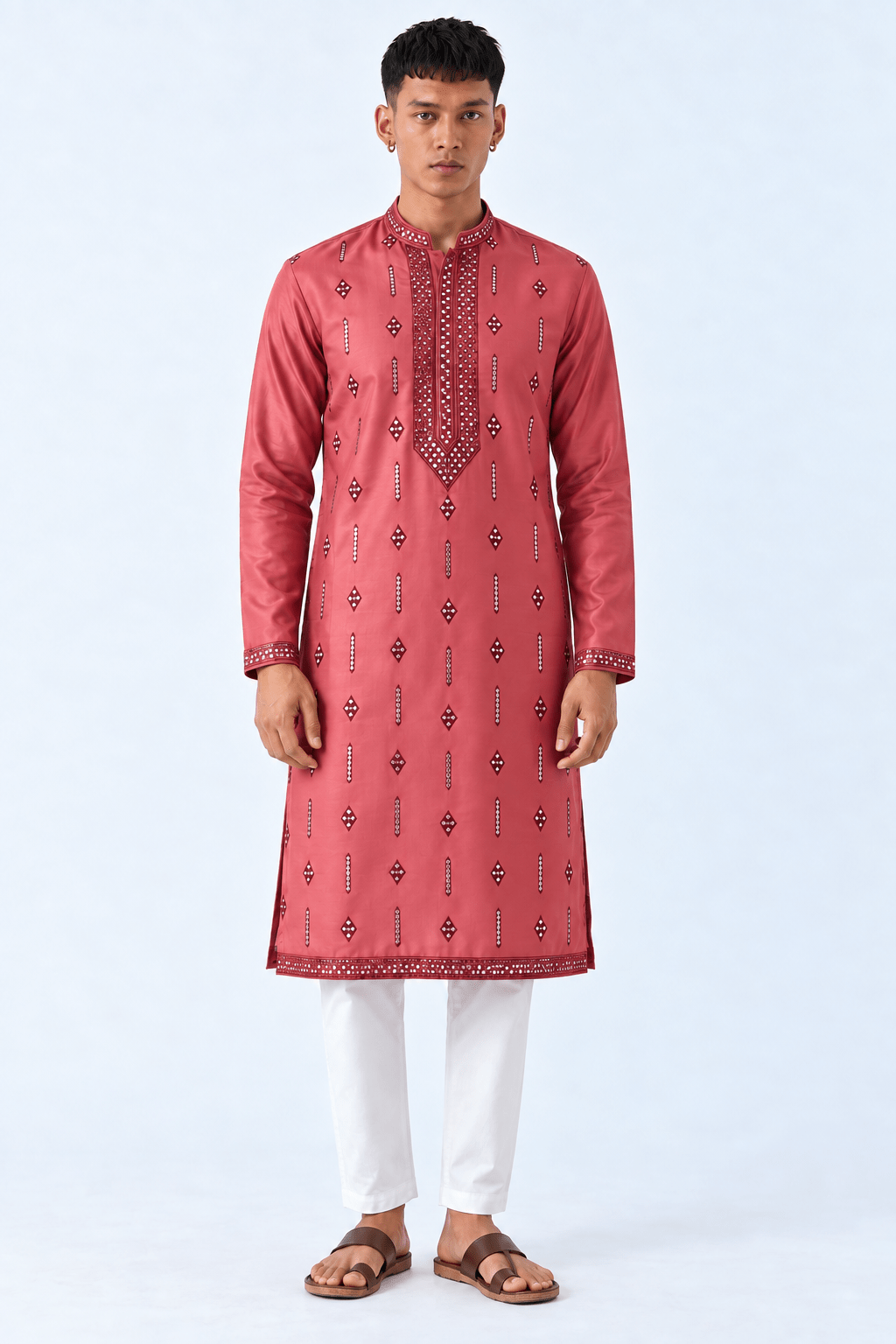 Mens Rose Silk Blend Solid Embroidered Sequins Kurta - DWEEP SARA