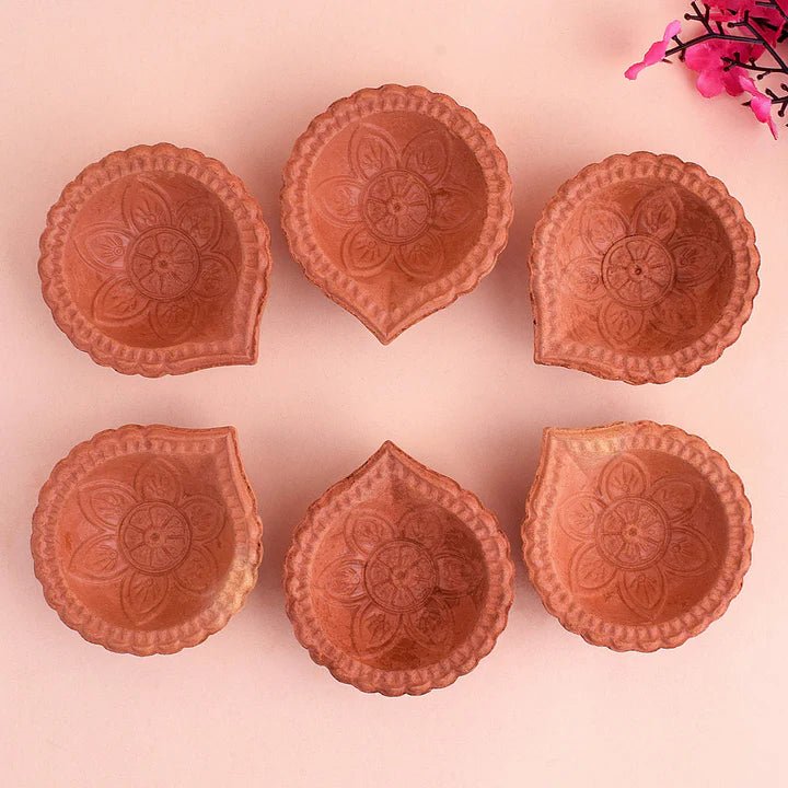 Mitti Diya festive Decor Handmade Crafting Flower Brown Clay Diyas Diwali - DWEEP SARA