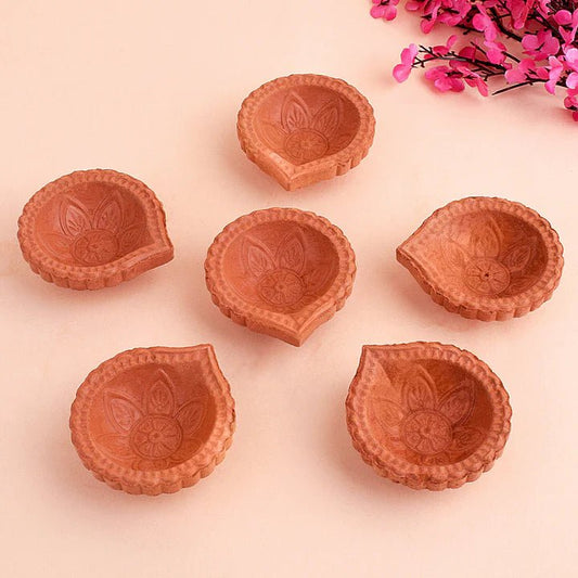 Mitti Diya festive Decor Handmade Crafting Flower Brown Clay Diyas Diwali - DWEEP SARA