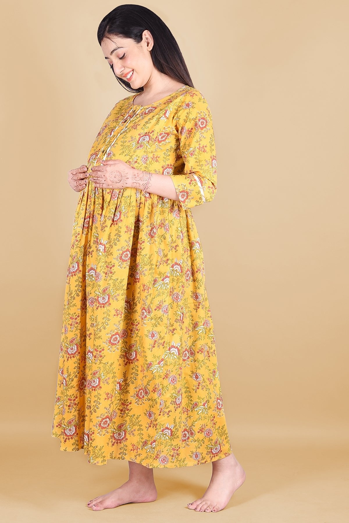 Mustard Floral Block Printed Maternity Dress - DWEEP SARA