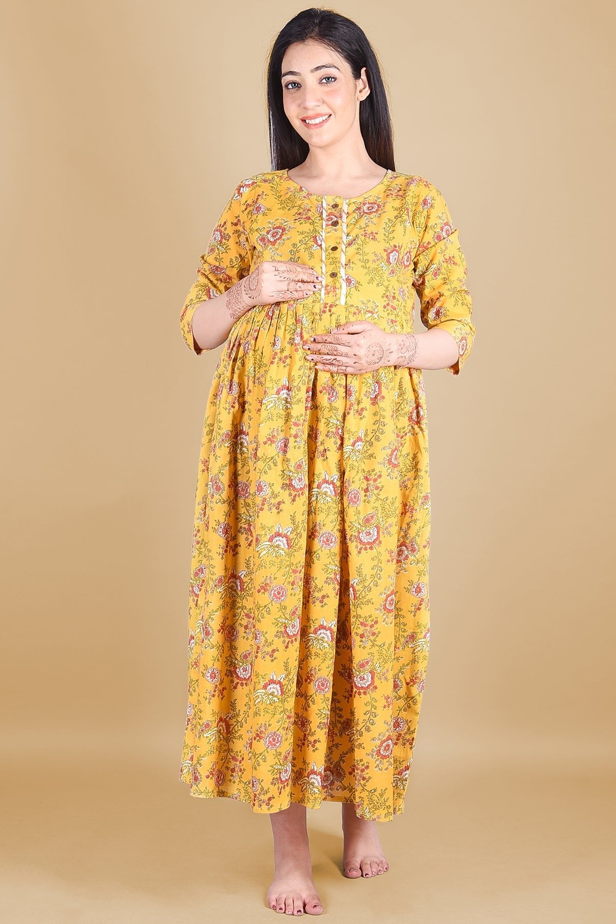 Mustard Floral Block Printed Maternity Dress - DWEEP SARA