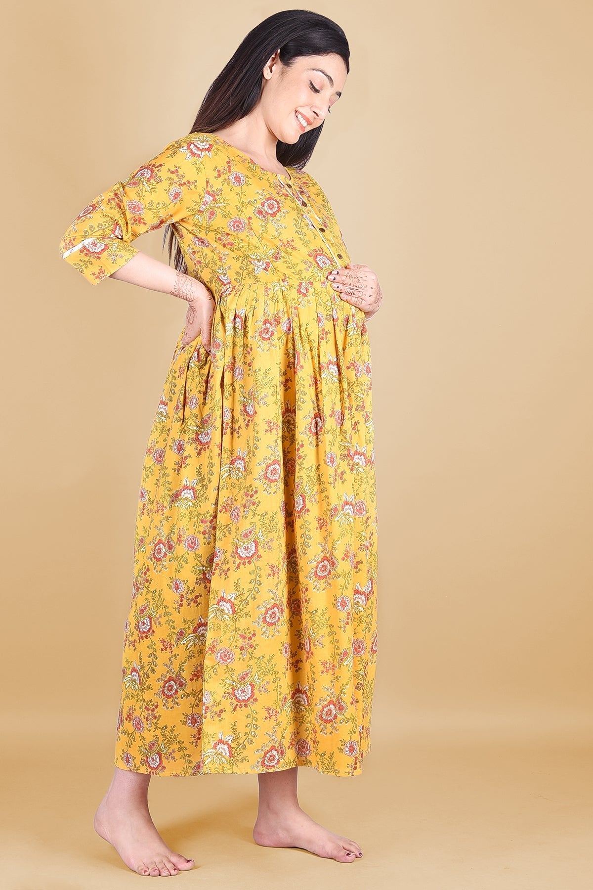 Mustard Floral Block Printed Maternity Dress - DWEEP SARA