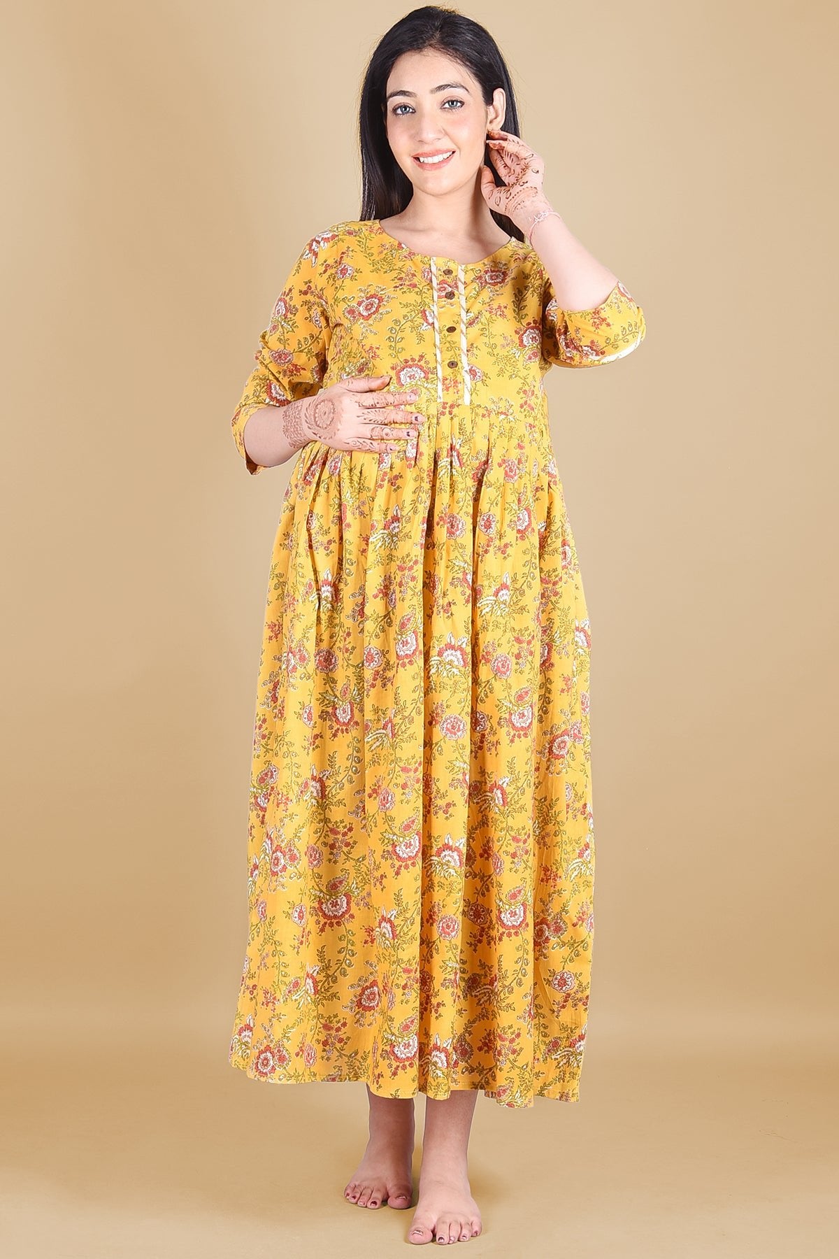 Mustard Floral Block Printed Maternity Dress - DWEEP SARA
