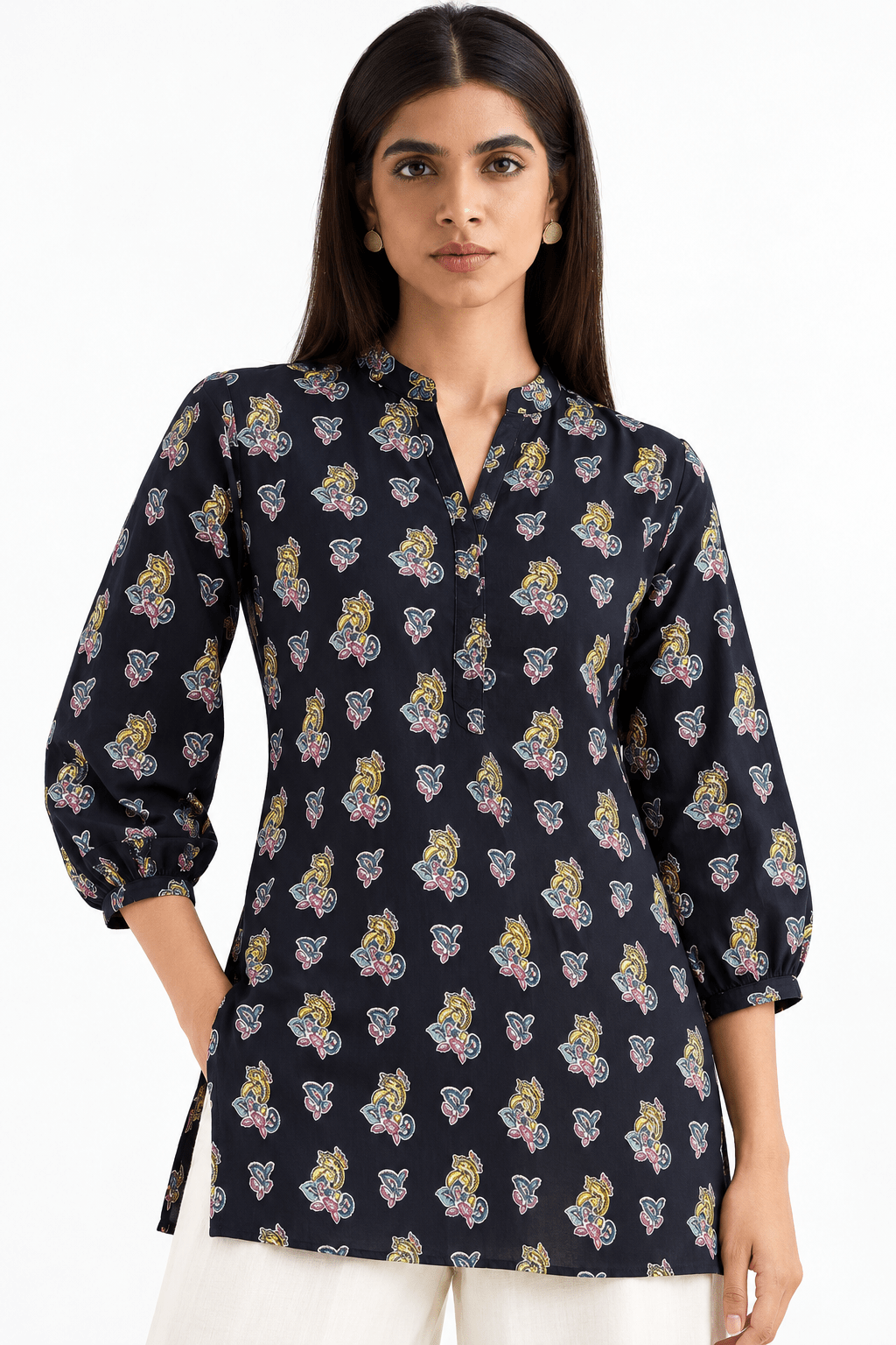 Navy Blue Cotton Blend Ethnic Motifs Printed Short Kurti / Tunic - DWEEP SARA