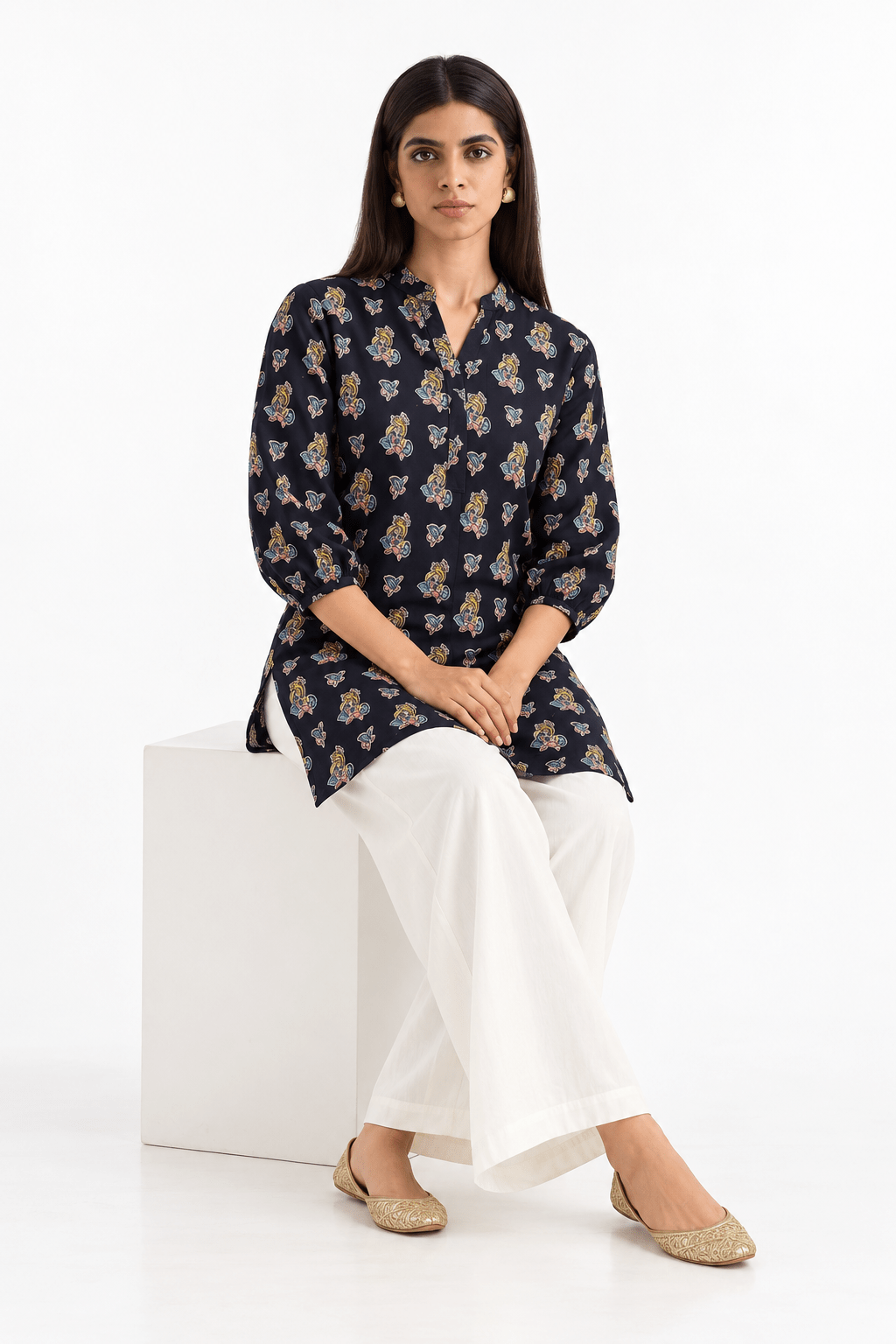 Navy Blue Cotton Blend Ethnic Motifs Printed Short Kurti / Tunic - DWEEP SARA