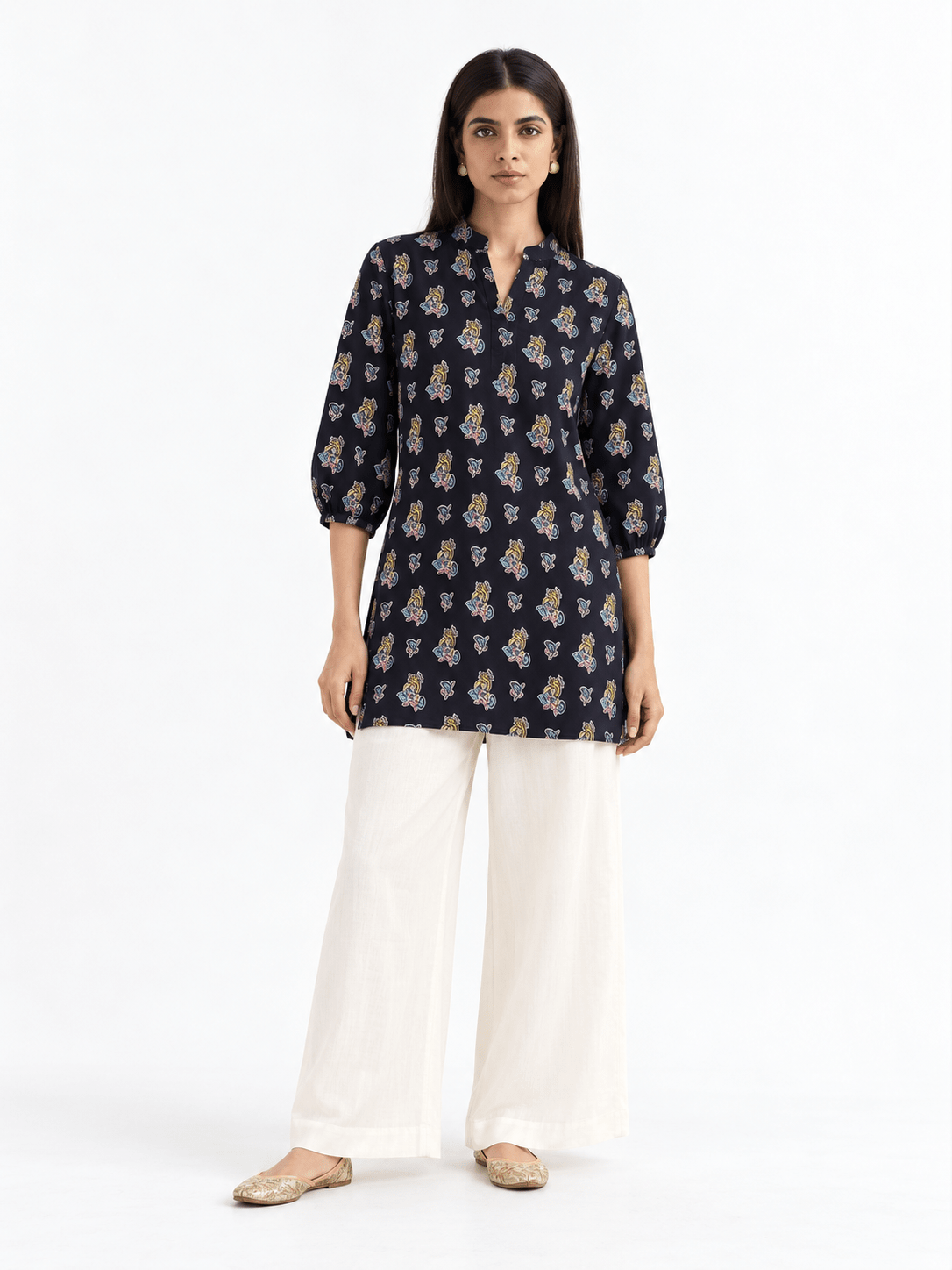 Navy Blue Cotton Blend Ethnic Motifs Printed Short Kurti / Tunic - DWEEP SARA