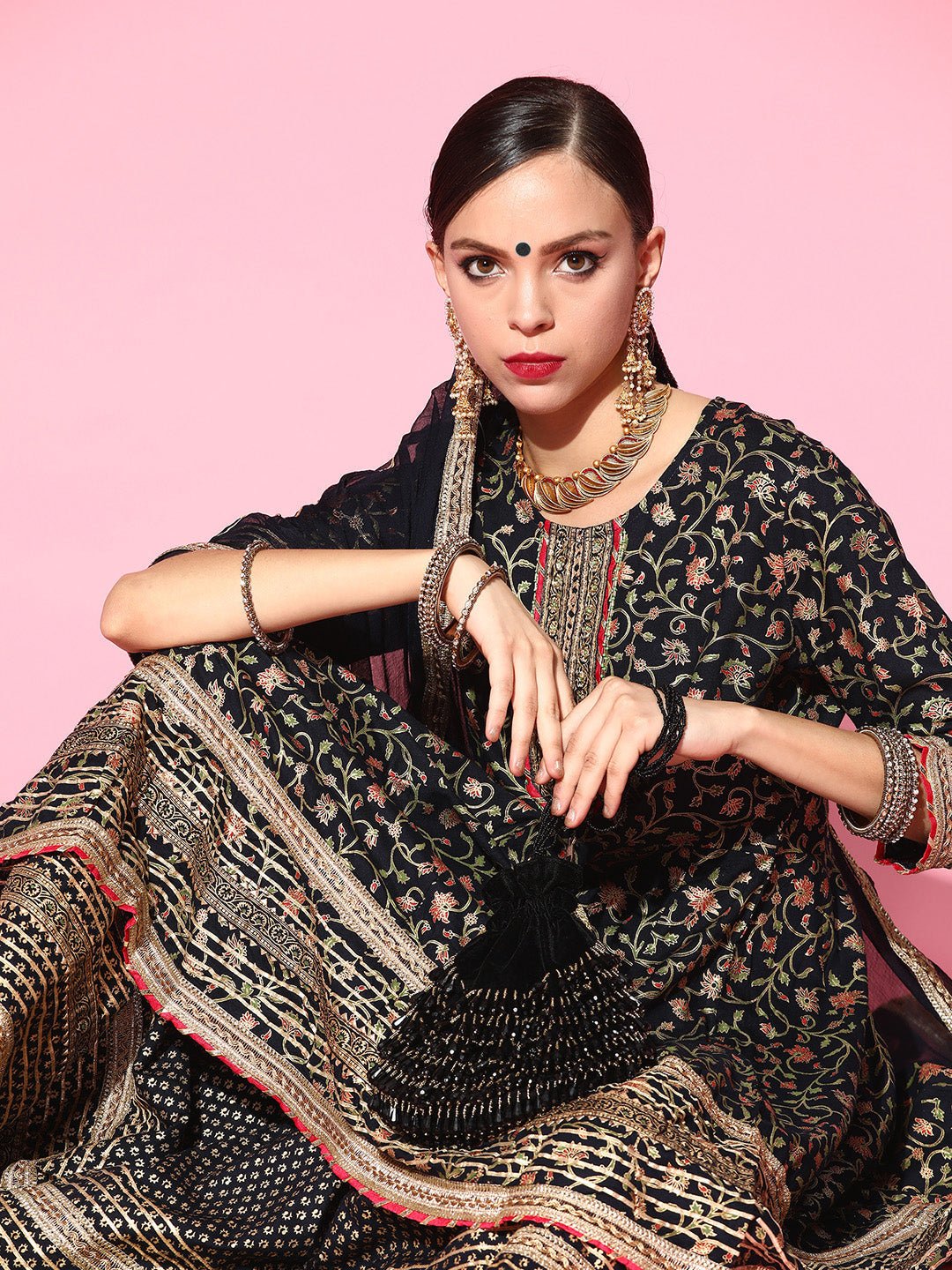 Navy Blue Embroidered Anarkali Sharara Set - DWEEP SARA